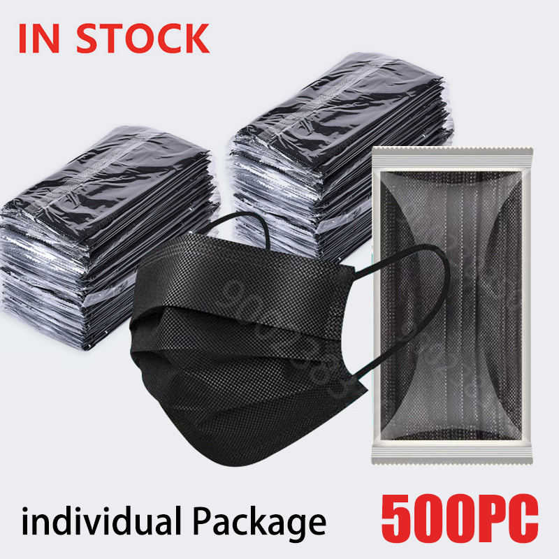 Black Face Mask Pack - 10-500 個大人マスク使い捨て個別個別パッケージマスクノワール防塵 3 層プライフィルター黒口フェイスマスク